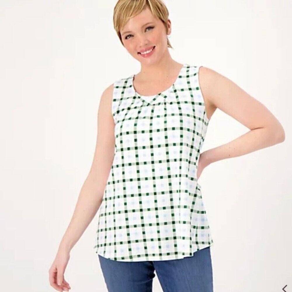 Denim‎ & Company 2XL tank top Printed Jersey Tank with curved hem green/blue EUC